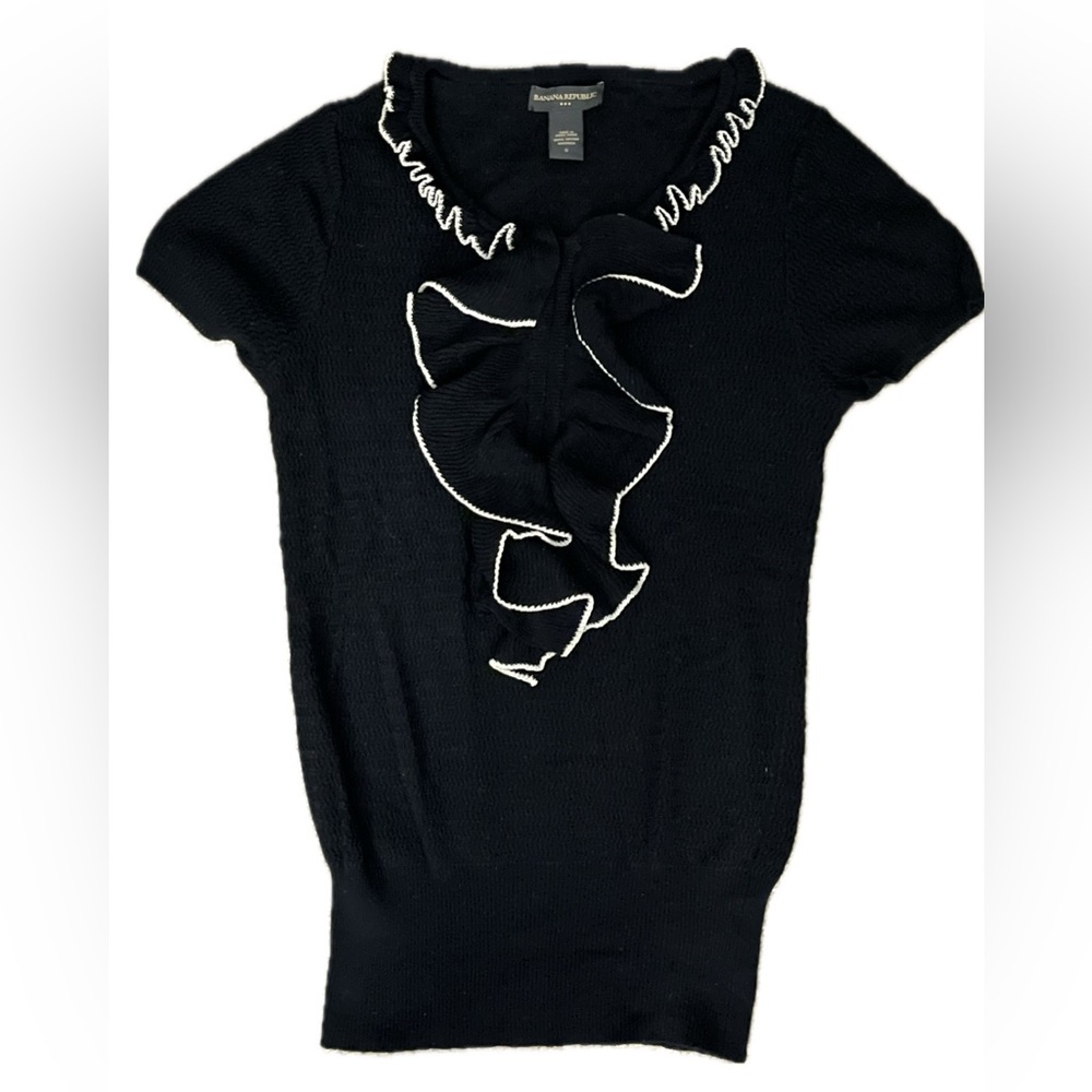 Banana Republic Navy Blue Knit Top with White Ruffle Trim